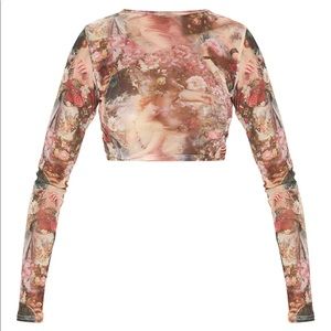 Rose Renaissance Printed Mesh Long Sleeve Crop Top